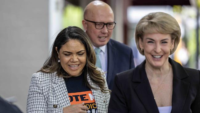 Shadow Minister for Indigenous Australians Jacinta Nampijinpa Price, Opposition leader Peter Dutton and Senator Michaelia Cash in Perth to promote the no vote. Picture: Colin Murty