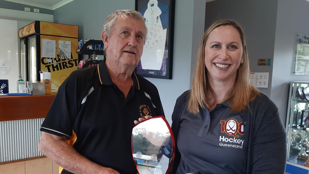 Warren Flower being awarded the Hockey Queensland Association of the Year for the Sunshine Coast Hockey Association in 2021.