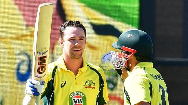 Travis Head celebrates his 100 and record ODI partnership with David Warner at Adelaide Oval in 2017. Picture Mark Brake