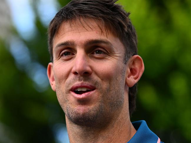 MELBOURNE, AUSTRALIA - FEBRUARY 01: Mitch Marsh speaks to media during a 2024 Cricket Australia Awards Media Opportunity at Crown Entertainment Complex on February 01, 2024 in Melbourne, Australia. (Photo by Morgan Hancock/Getty Images for Cricket Australia)