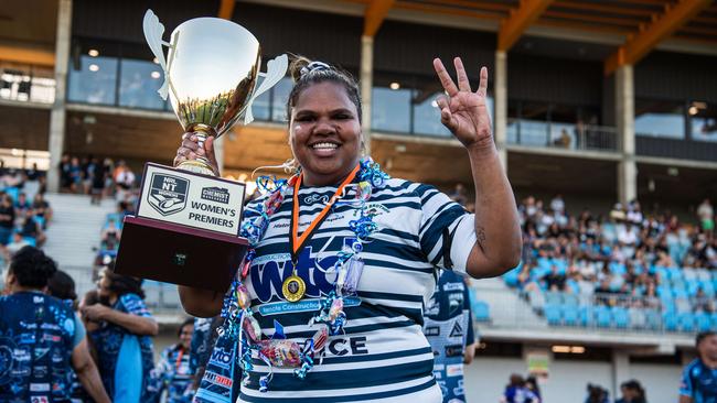 Captain Bianca Scrymgour celebrates the Darwin Brothers win against the Palmerston Raiders in the 2024 NRL NT women's grand final. Picture: Pema Tamang Pakhrin