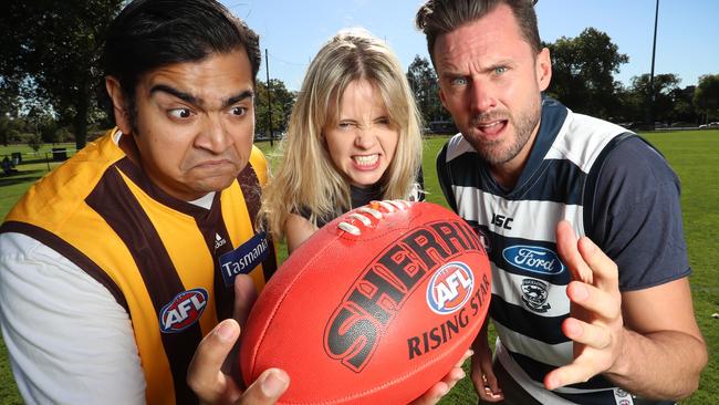 Footy-mad comedians Dilruk Jayasinha, Tegan Higginbotham and Dave Thornton will perform at the Melbourne International Comedy Festival. Picture: Alex Coppel