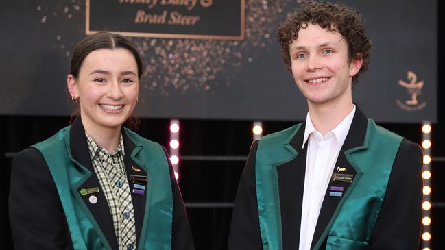 Ringwood's Aquinas College 2021 captains Mikaela Tenney and Flynn Wilkinson at the Year 12 graduation ceremony. Picture: Supplied.