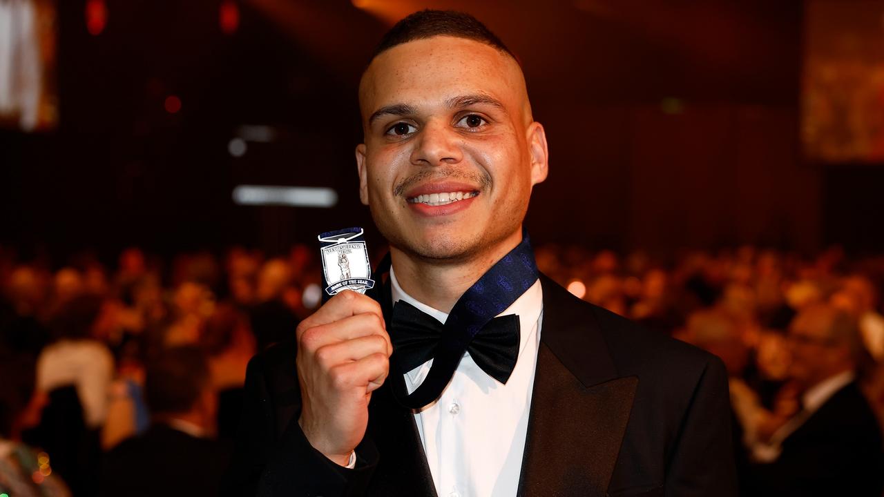 MELBOURNE, AUSTRALIA - SEPTEMBER 23: Bobby Hill of the Magpies wins the Virgin Australian AFL Mark of the Year during the 2024 Brownlow Medal at Crown Palladium on September 23, 2024 in Melbourne, Australia. (Photo by Michael Willson/AFL Photos via Getty Images)