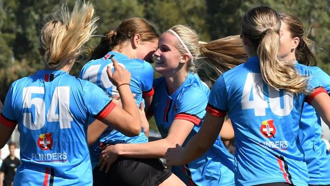 Shellharbour JFC under-18s celebrate a goal. Picture: Richie Wagner | Richieriches Sports Shots