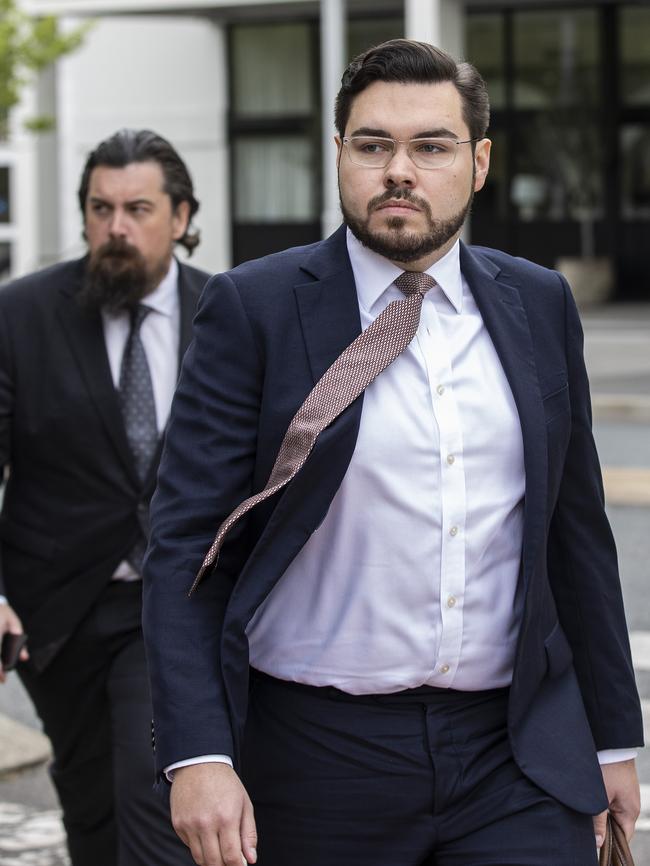 Bruce Lehrmann arriving in court with friend John MacGowan. Picture: NCA NewsWire / Gary Ramage