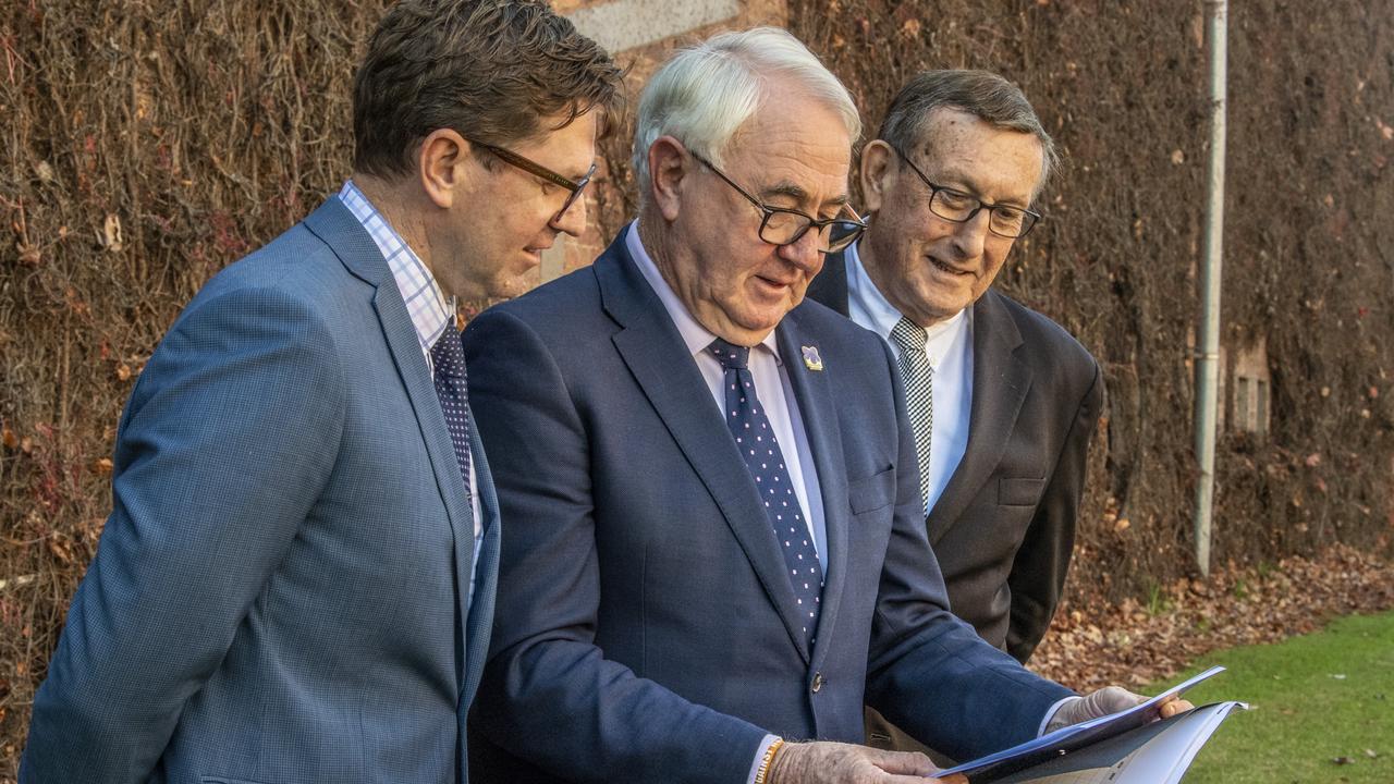 Toowoomba Regional Council delivers budget. From left: Cr Geoff McDonald, Mayor Paul Antonio and Cr Kerry Shine. Picture: Nev Madsen.