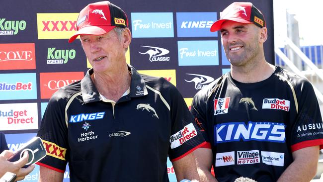 Dolphins coach Wayne Bennett and forward Mark Nicholls. Picture: Steve Pohlner