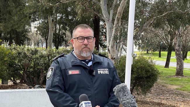 Detective Acting Inspector Paul Hutcheson speaks to media at the Winchester Police Centre, Belconnen, following the death of a 19-year-old e-scooter rider in Canberra. Picture: Julia Kanapathippillai