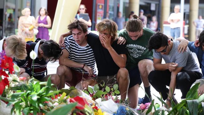 Friends and class mates of Cole Miller met for a memorial service in the Chinatown Mall in Fortitude Valley last week. Picture: Peter Wallis