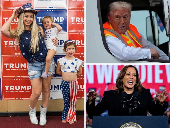 Clockwise from left: Jackie Centralla with her daughters in Arizona; Donald Trump in Wisconsin; Kamala Harris in Pennsylvania. Picture: Caitlin O'Hara, AP, AFP