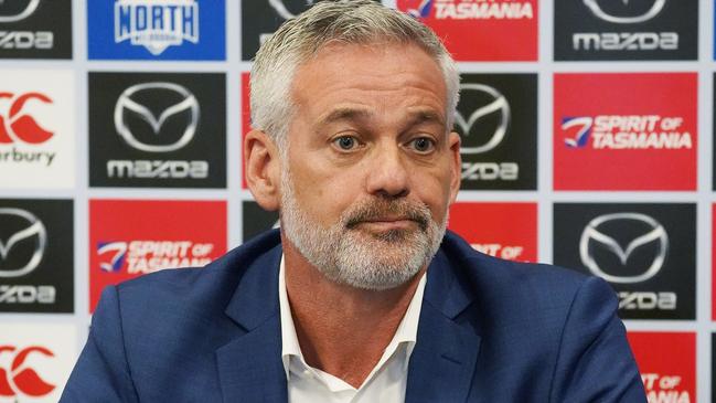 North Melbourne chairman Ben Buckley speaking with the media in 2019. Picture: AAP Image/Stefan Postles