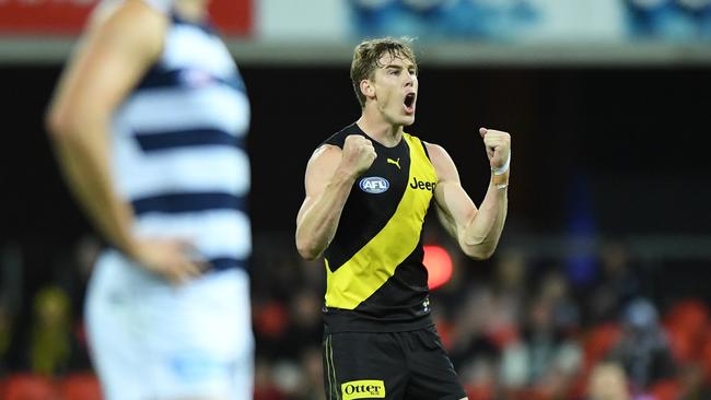 GOLD COAST, AUSTRALIA – SEPTEMBER 11: Tom J. Lynch of the Tigers celebrates kicking a goal during the round 17 AFL match between the Geelong Cats and the Richmond Tigers at Metricon Stadium on September 11, 2020 in Gold Coast, Australia. (Photo by Matt Roberts/AFL Photos/via Getty Images)