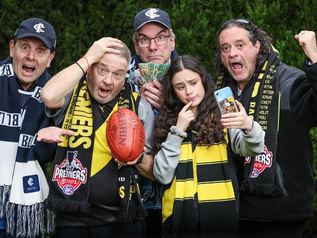 AFL Fans Association survey results we will be releasing Monday. Survey shows biggest gripes are umpiring, cost of living pressures and gambling. Footy fans John Deane (dismay with umpire decisions), Ron Issko (AFL rule changes), Michael Shapp (cost of going to the footy), Carmen Blumenthal (online gambling) and Phillip Blumenthal (anger with fixtures) show some of the results of the AFL Fans survey.                     Picture: David Caird