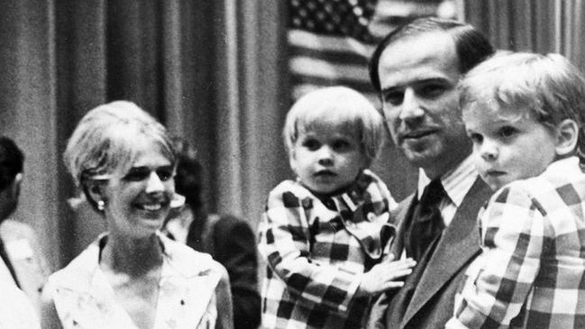 Joe Biden with his young sons and wife Neilia, who was killed in a 1972 car crash along with their baby daughter Naomi. Picture: AP