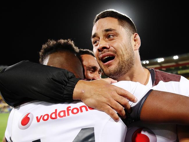 WELLINGTON, NEW ZEALAND - NOVEMBER 18:  Jarryd Hayne of Fiji celebrates after winning the 2017 Rugby League World Cup Quarter Final match between New Zealand and Fiji at Westpac Stadium on November 18, 2017 in Wellington, New Zealand.  (Photo by Hannah Peters/Getty Images)