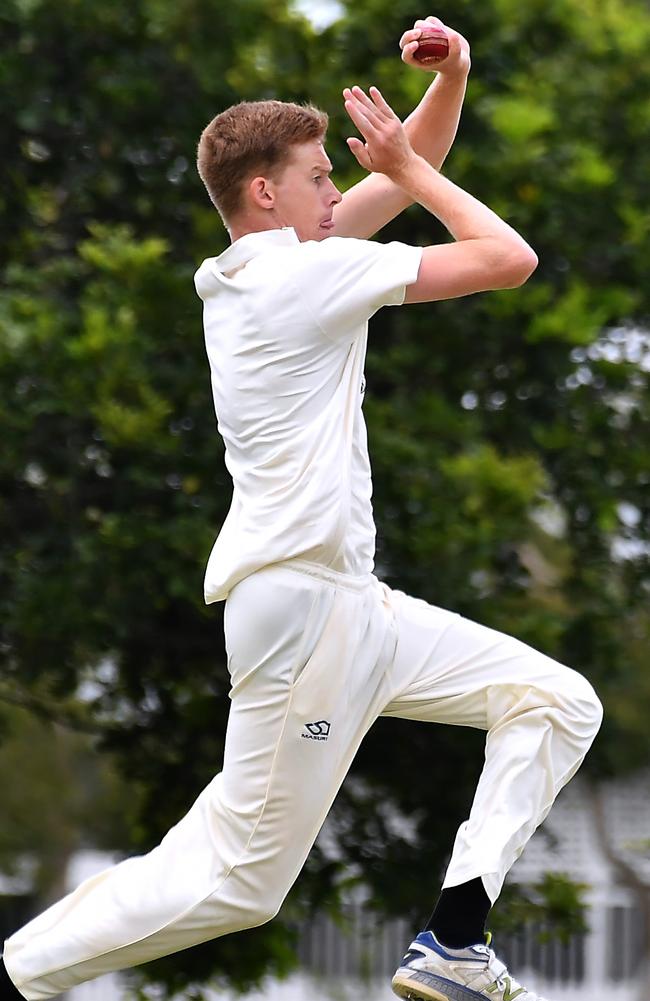 Wests bowler Darcy Murphy Cricket action between Toombul and Wests. Saturday December 17, 2022. Picture: John Gass