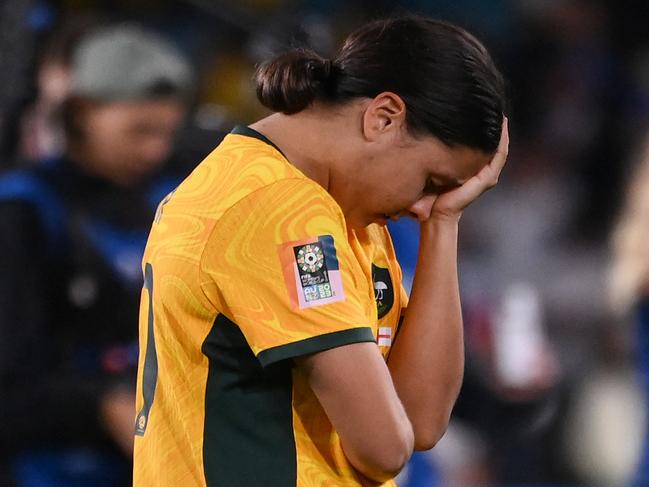 Sam Kerr shows her pain at the end of Australia’s World Cup semi-final defeat. Picture: Franck Fife/AFP