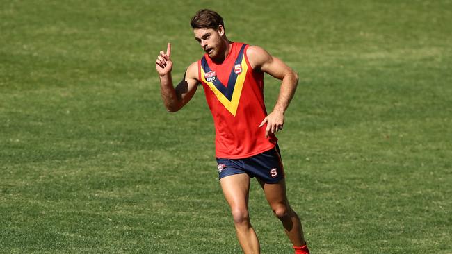 Jordan Foote celebrates a goal in the state game against the WAFL in May. Picture: Paul Kane/Getty Images