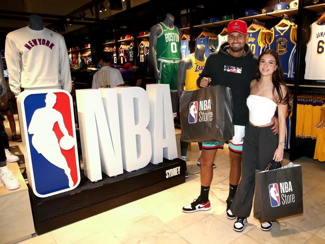 Nick Kyrgios and girlfriend Costeen Hatzi pick up new merchandise at the NBA store in Sydney. Picture: Gregg Porteous.