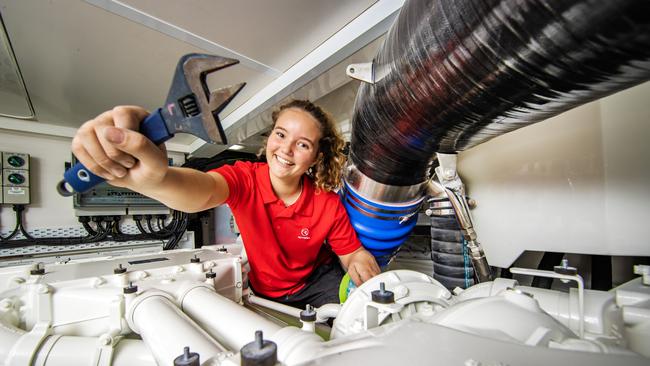 17-year-old apprentice diesel mechanic Laura Hillman working on a Riviera boat. Picture: Nigel Hallett