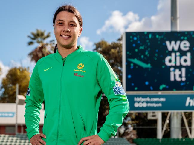 Matildas captain Sam Kerr poses for a photograph before a press conference at HBF Park in Perth, Friday, June 26, 2020. Australia and New Zealand will co-host the Women's World Cup in 2023. (AAP Image/Richard Wainwright) NO ARCHIVING