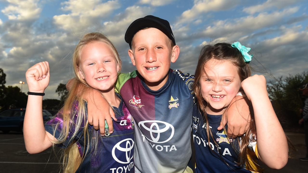 Socials from the North Queensland Cowboys v Parramatta Eels NRL game from 1300 Smiles Stadium. Charlie Jensen, 7, Jesse Jensen, 12 and Ruby Hall, 7. Picture: Zak Simmonds