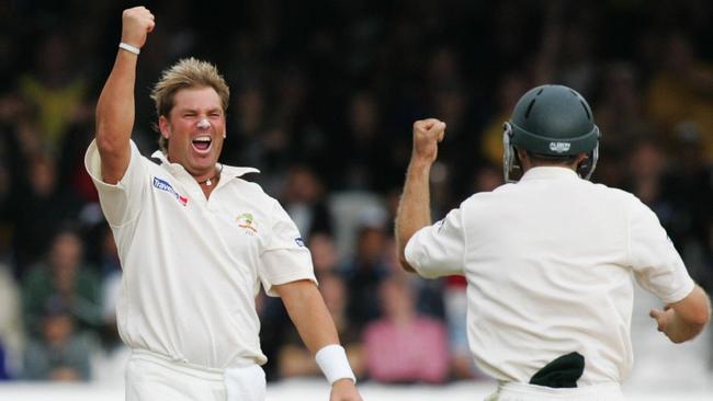 Warne celebrates a wicket of Steve Harmison.