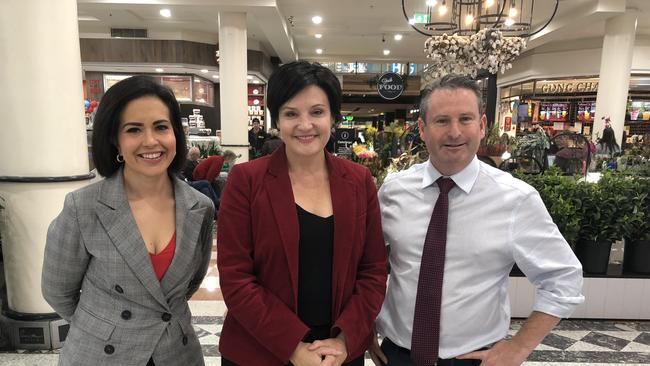 Shadow Minister for Education Prue Car, Opposition Leader Jodi McKay and Shadow Minister for western Sydney Greg Warren at Westfield Penrith