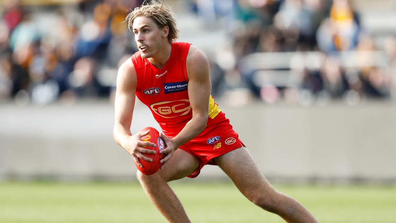 LAUNCESTON, AUSTRALIA - AUGUST 06: Jeremy Sharp of the Suns in action during the 2022 AFL Round 21 match between the Hawthorn Hawks and the Gold Coast Suns at UTAS Stadium on August 6, 2022 in Launceston, Australia. (Photo by Dylan Burns/AFL Photos via Getty Images)