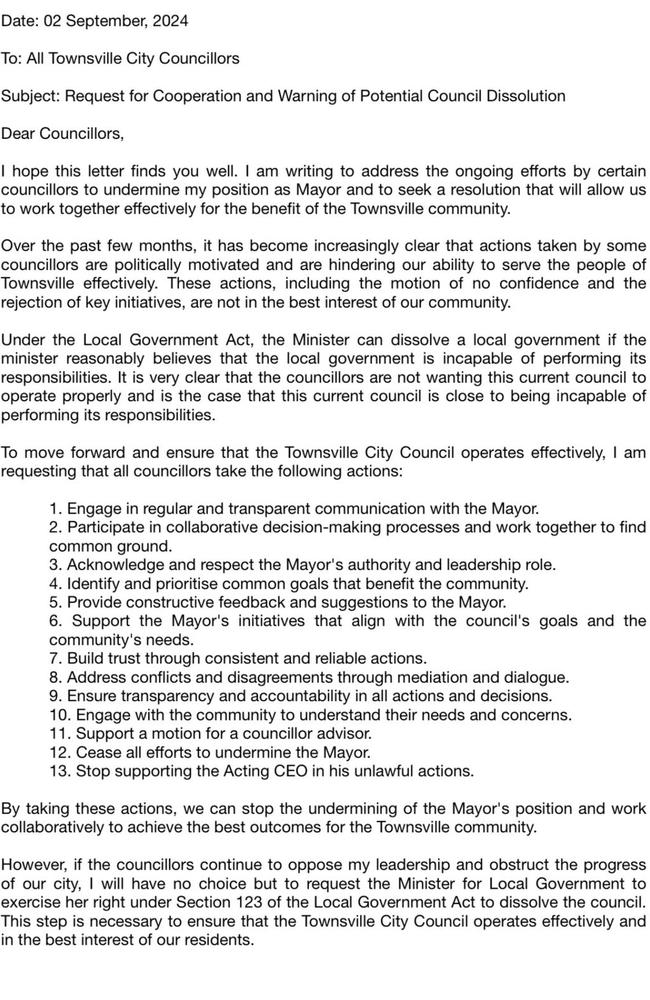 Townsville City Council document written by Mayor Troy Thompson.