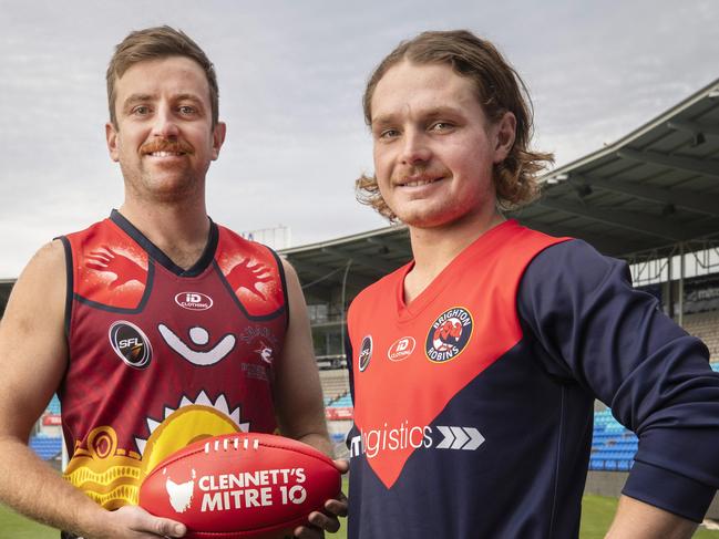 SFL, Dodges Ferry captain Luke Murphy and Brighton Darcy Gardner at Blundstone Arena. Picture: Chris Kidd