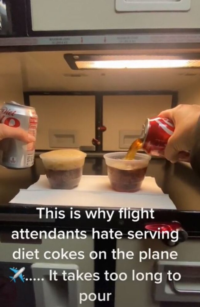 A TikTok of cabin crew comparing the time it takes to pour Diet Coke compared to Coca Cola has gone viral. Picture: TikTok/ariel.cisneros1