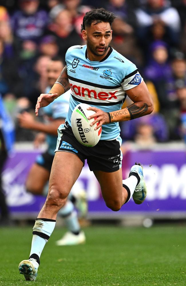 Briton Nikora scores a try during the NRL Qualifying Final match between Melbourne Storm and Cronulla Sharks. (Photo by Quinn Rooney/Getty Images)