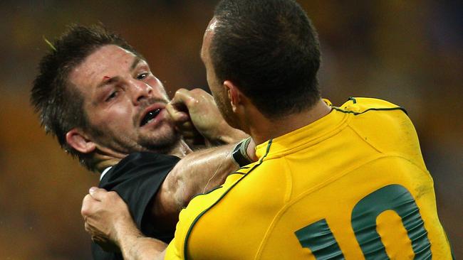 There was no love lost betwee Quade Cooper and Kiwi captain Richie McCaw. Now Michael Hooper is picking up the account. Picture: Phil Walter/Getty Images