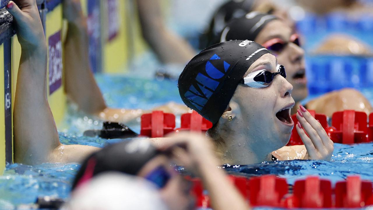 INDIANAPOLIS, INDIANA - JUNE 15: Gretchen Walsh of the United States reacts after breaking the world record in the Women's 100m butterfly semifinal on Day One of the 2024 U.S. Olympic Team Swimming Trials at Lucas Oil Stadium on June 15, 2024 in Indianapolis, Indiana. Sarah Stier/Getty Images/AFP (Photo by Sarah Stier / GETTY IMAGES NORTH AMERICA / Getty Images via AFP)