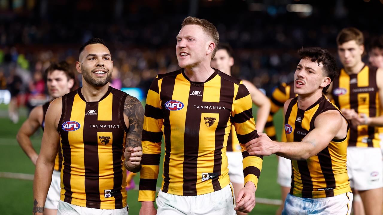 ADELAIDE, AUSTRALIA - SEPTEMBER 13: James Sicily of the Hawks reacts to Ken Hinkley, Senior Coach of the Power after the 2024 AFL Second Semi Final match between the Port Adelaide Power and the Hawthorn Hawks at Adelaide Oval on September 13, 2024 in Adelaide, Australia. (Photo by Michael Willson/AFL Photos)