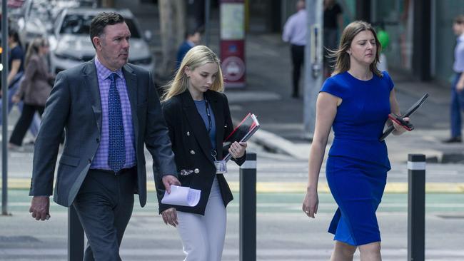 Public prosecutor Todd Fuller and crown prosecutor Stephanie Gallagher, right, outside the Supreme Court. Picture: Glenn Campbell/NewsWire