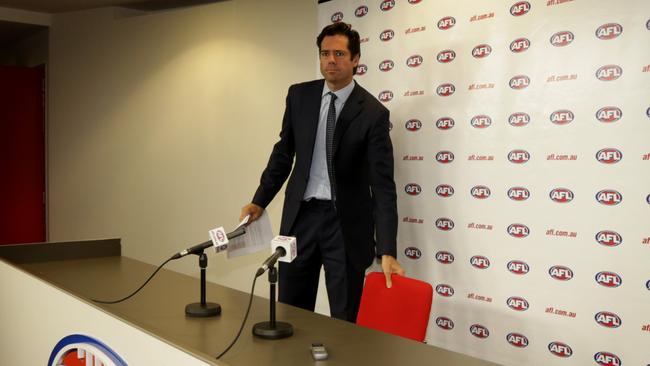 Gillon McLachlan fronts a press conference during the Essendon supplements saga.