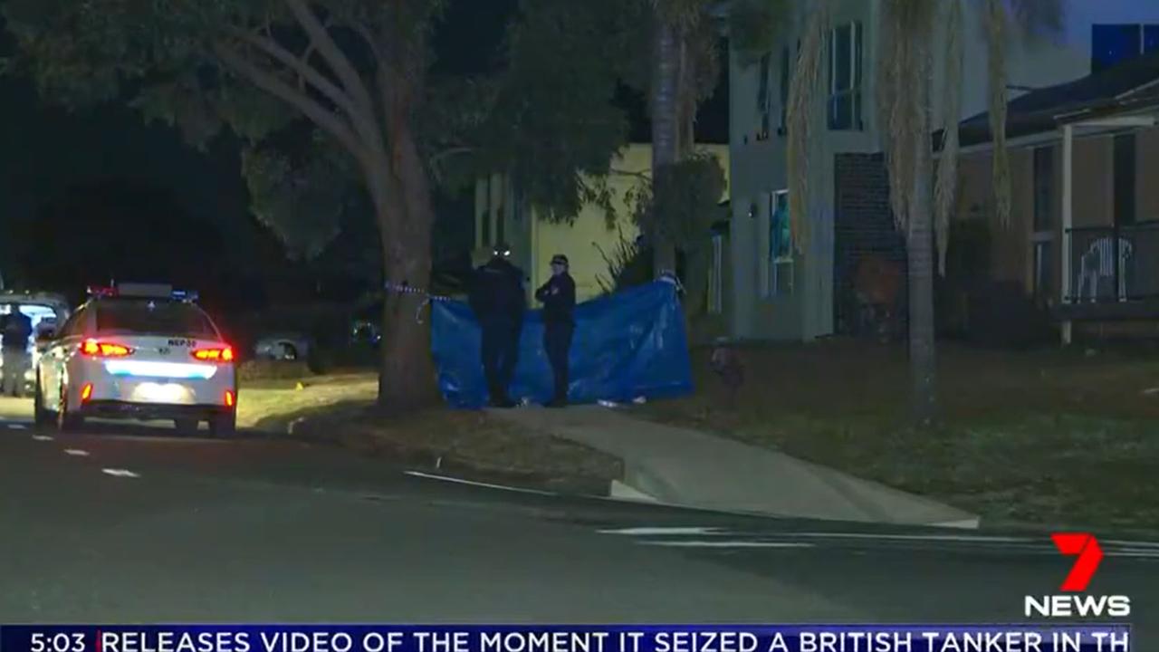 Police guard the crime scene in St Clair Avenue on the evening when horror unfolded in a suburban Sydney street. Picture: Channel 7.