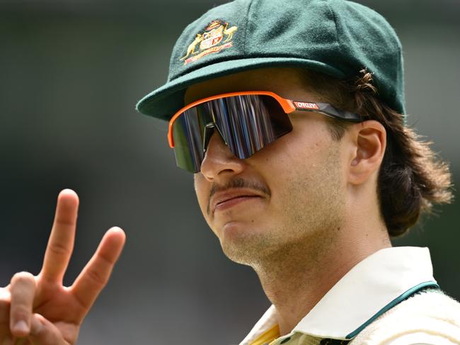 MELBOURNE, AUSTRALIA - DECEMBER 30: Sam Konstas of Australia gestures to the crowd during day five of the Men's Fourth Test Match in the series between Australia and India at Melbourne Cricket Ground on December 30, 2024 in Melbourne, Australia. (Photo by Quinn Rooney/Getty Images)