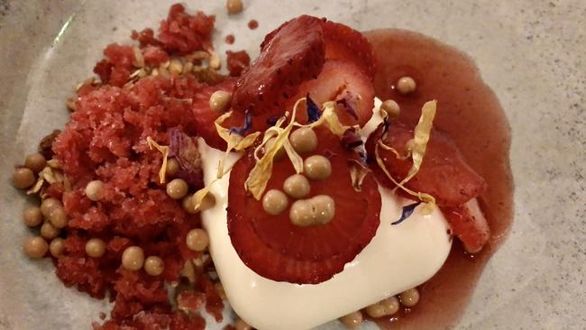 Creme fraiche parfait and marinated strawberries at The Odd Plate, Kingscote, Kangaroo Island