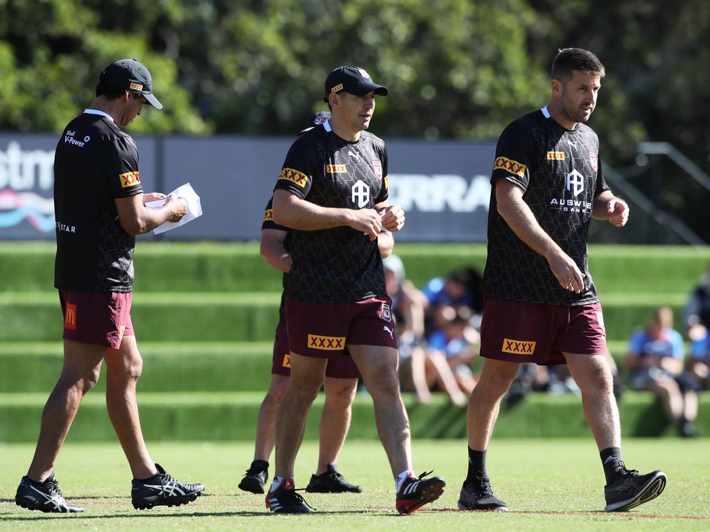 Slater and assistant coach Josh Hannay oversee the Maroons’ Origin training session at Red Hill. Picture: Zak Simmonds