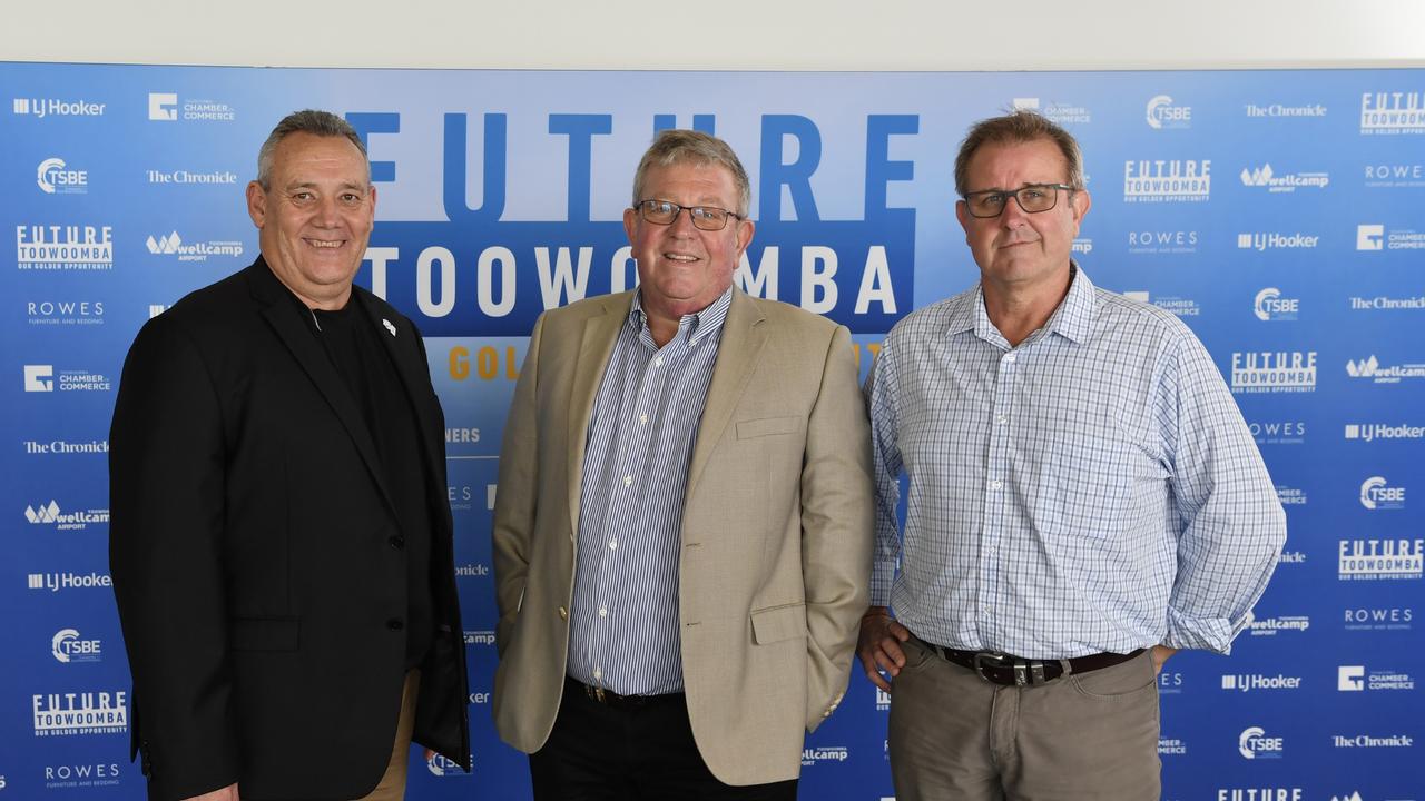 At the Future Toowoomba lunch are (from left) Wayne Bradshaw, Mike Stewart of LJ Hooker and Phil Stonestreet at Wellcamp Airport, Friday, December 3, 2021. Picture: Kevin Farmer