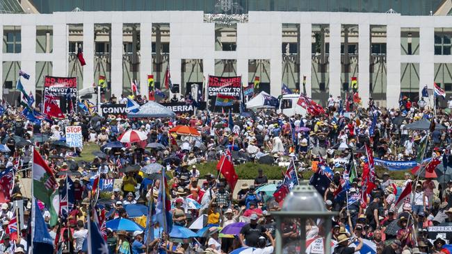 Demonstrators at Parliament House, Canberra. Picture: NCA NewsWire / Martin Ollman