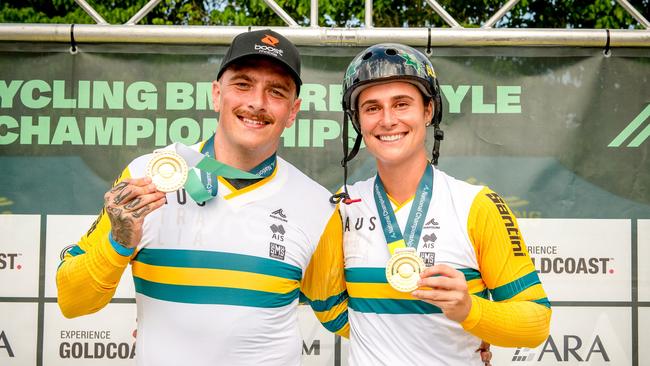 2025 AusCycling BMX Freestyle National Champions Brandon Loupos and Natalya Diehm. Picture: Past Tense Photography/AusCycling