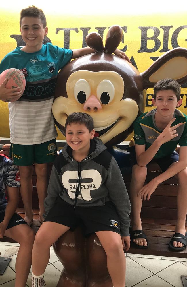 The Marsh boys with Samson Minto who drove with their fathers in a mini bus from Yeppoon to Newcastle for the Legends of League tournament in 2019.