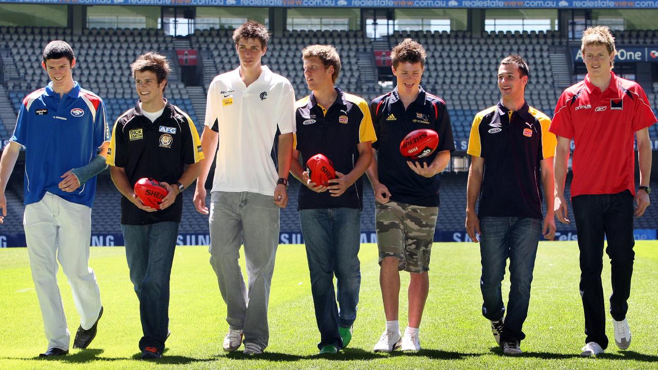 The top end of the 2007 draft (from left) Jarrad Grant (Western Bulldogs), Trent Cotchin (Richmond), Matthew Kreuzer (Carlton), Brad Ebert (West Coast) Patrick Dangerfield (Adelaide), Chris Masten (West Coast) and Cale Morton (Melbourne).