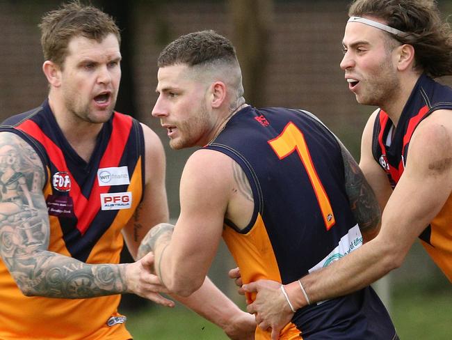 EDFL footy: East Keilor v West Coburg: Victor Micallef of East Keilor (centre) celebrates a goal with team matesSaturday, June 19, 2021, in East Keilor, Victoria, Australia. Picture: Hamish Blair