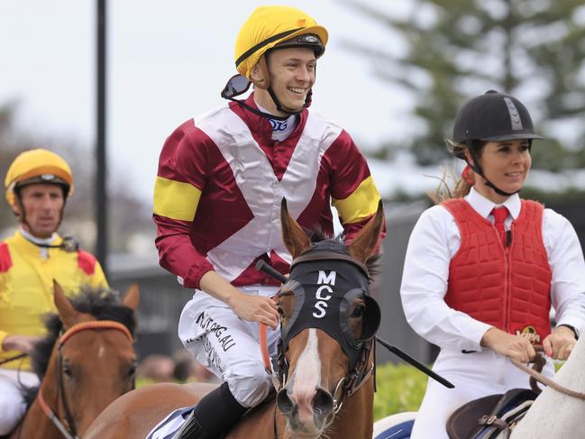 NEWCASTLE, AUSTRALIA - NOVEMBER 13: Dylan Gibbons on Festival Dancer returns to scale after winning race 7 the New Zealand bloodstock NJC 3YO Spring Stakes during Sydney Racing at Newcastle Racecourse on November 13, 2021 in Newcastle, Australia. (Photo by Mark Evans/Getty Images)